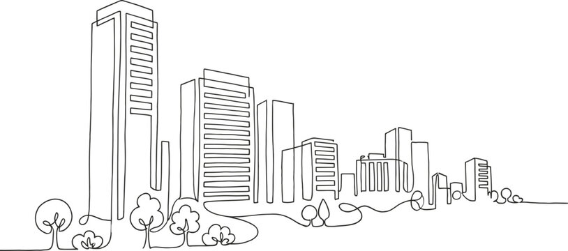 Continuous line drawing of a modern city skyline with skyscrapers and trees for urban landscape architecture and sustainable metropolitan development - Powered by Adobe