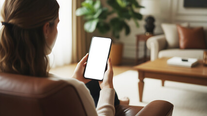 Hand holding mobile smartphone with blank white screen mockup while sitting in leather armchair in modern living room interior for app design website display copy space branding marketing
