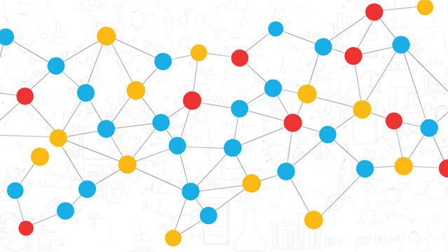 Vibrant abstract network of interconnected dots and lines, representing data, communication, blockchain, and global connectivity with scientific motifs.