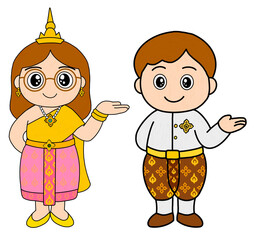 Cute cartoon illustration of Thai man and woman wearing traditional costumes, suitable for culture education, children media, festival design, and Thai heritage themes in welcome action