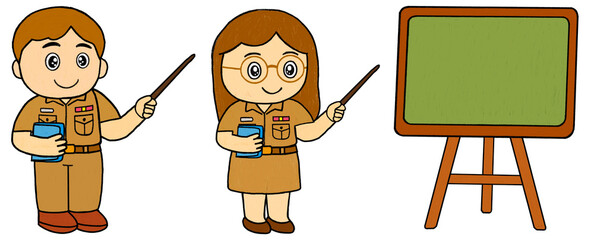 Cute cartoon illustration of male and female Thai teachers in uniform teaching beside a green blackboard, suitable for education, classroom, and school design use.