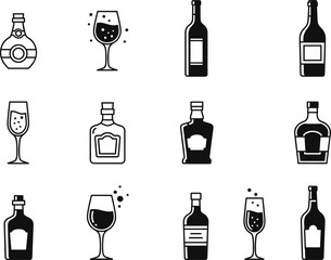 Alcohol Bottle and Wine Glass Outline Icon Set Minimal Black Line Vector Illustration for Bar, Beverage, and Menu Design