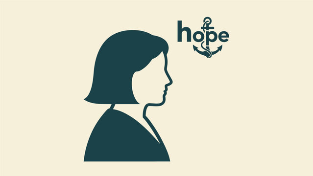Illustration of a woman in profile with the word 'hope' and an anchor symbol above her head, representing optimism and resilience.