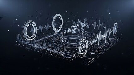 Abstract Scientific Data Visualization with Molecular Structure and Waveforms image photo