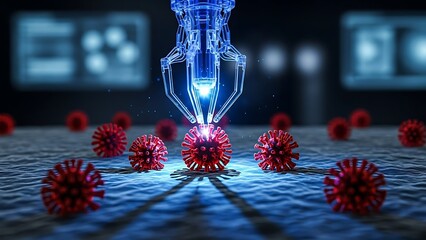 Robotic arm manipulating a3D model of a virus in a futuristic laboratory setting coronavirus