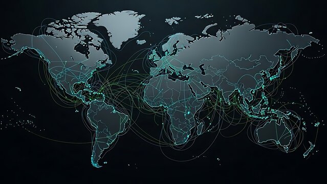 Global network connections visualized on a dark world map with glowing lines communication - Powered by Adobe
