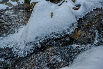 Wasser fliesst unter einer Decke aus Eis und Schnee in einem klaren Bach w&auml;hrend des Winters