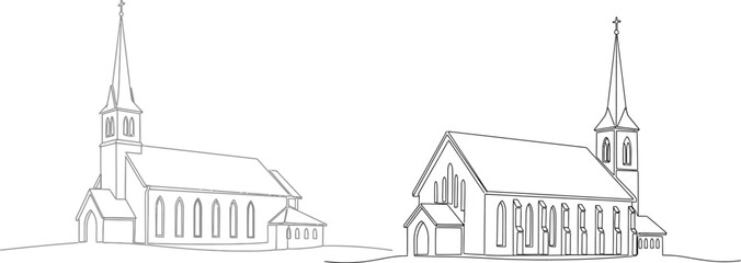 Fototapeta premium Two classic church buildings with steeples and arched windows, architectural drawing illustration