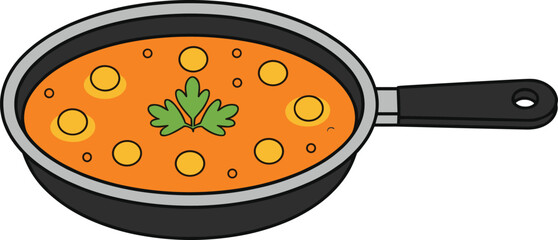 Cooking Pan with Soup or Curry Flat Cartoon Vector Illustration for Kitchen, Recipe, Food Preparation, and Culinary Design