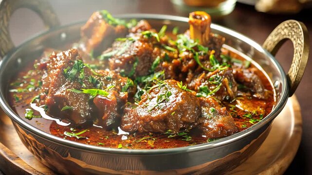 A flavorful and rich indian mutton curry served in a traditional metal karahi
