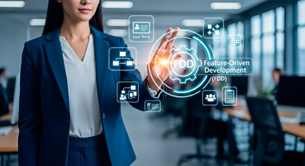 A businesswoman interacting with a digital interface for Feature-Driven Development