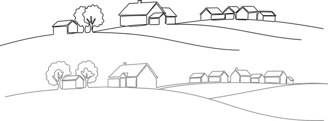 Rural village landscape with rolling hills and stylized houses, simple line drawing illustration
