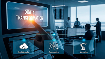 A person interacting with a digital transformation interface in a modern office