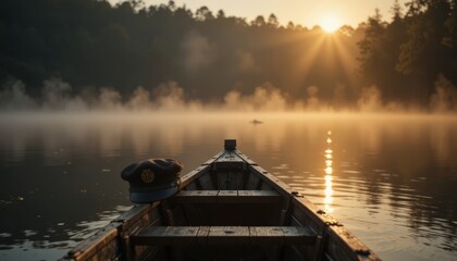 serene lake landscape, surrounded by soft, rolling mountains with lush green forests, featuring a worn, wooden boat gently drifting on the calm waters