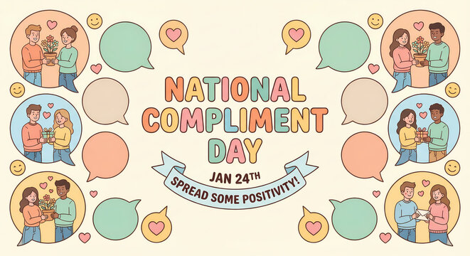 National Compliment Day banner with diverse couples exchanging compliments and gifts, promoting positivity on January 24th.