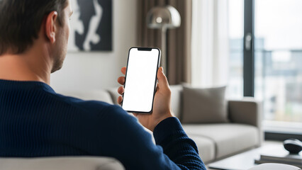 Hand holding mobile phone with blank white screen mockup for app design, man sitting on sofa in modern living room using smartphone for digital networking and social media online.
