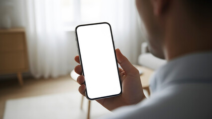 Hand holding mobile phone with blank white screen mockup for app design and website presentation, man using smartphone in modern bright living room for digital online marketing search.

