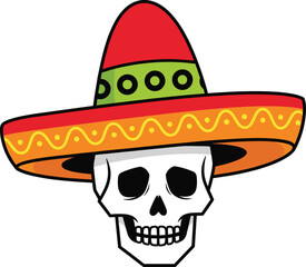 Skull Wearing Mexican Sombrero Cartoon Vector Illustration for Day of the Dead, Fiesta, Halloween, and Cultural Design