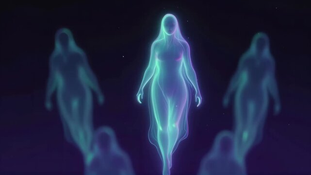 Glowing human figures floating in dark space with ethereal light trails