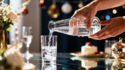 Hands pouring sparkling water from a glass bottle into a clear glass on a festive table, surrounded by elegant decorations and soft lighting, creating a celebratory atmosphere for gatherings