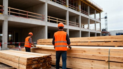 Construction workers in safety gear are transporting wooden planks at a building site, surrounded by scaffolding and a partially constructed structure, showcasing teamwork and construction progress