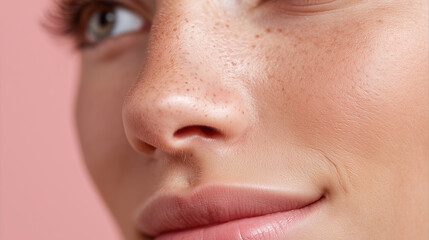 Naklejka premium Close up of nose bridge cheek and under eye with natural skin texture and freckles on smooth face with soft pink background