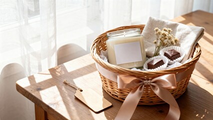 Beautifully arranged gift basket containing a scented candle, chocolates, and dried flowers, placed on a wooden table, with soft sunlight filtering through sheer curtains, enhancing the cozy ambiance
