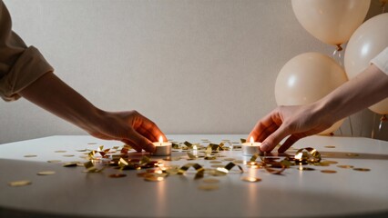 Hands of two individuals placing lit candles on a table decorated with golden confetti and balloons, creating a festive atmosphere for a celebration or special occasion with warm lighting