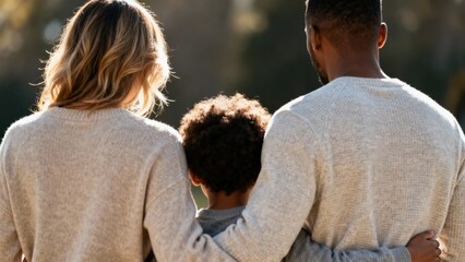 Family of three enjoying a peaceful moment outdoors, embracing each other while wearing cozy sweaters, surrounded by nature, capturing the essence of love and togetherness in a serene environment