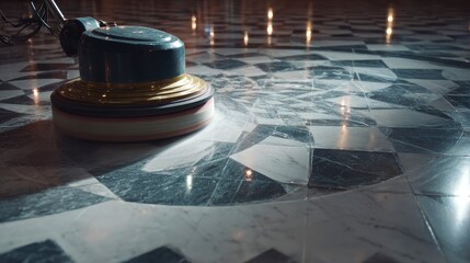 Close-up of a floor polishing machine in action, revealing polished stone floor with geometric patterns. Reflections and light play on the smooth, shiny surface