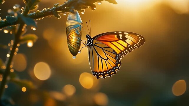 Monarch Butterfly Emerges From Chrysalis at Sunrise with Dew Drops on Plant