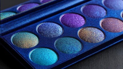 Close-up of a glamorous eyeshadow palette, showcasing various shimmering, jewel-toned colors within a compact case