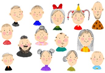 Cute Hand Drawn People Faces Set Illustration