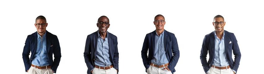 Obraz premium Four identical images of a man in a blazer and open collared shirt on transparent background