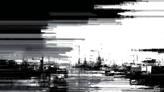 Glitchy distorted cityscape with digital artifacts and noise  abstract urban landscape