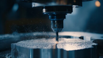 Close-up of a machine with a metal drill creating sparks during a machining process, within an industrial environment
