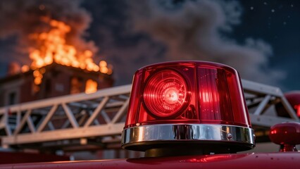 Red fire truck siren light with burning building background