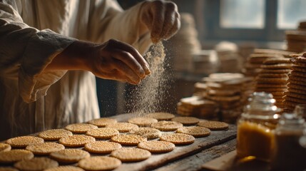Close-up of a person sprinkling a grainy substance over freshly baked, round cookies arranged on a wooden surface, set in a rustic kitchen
