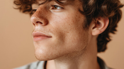 Obraz premium Freckles male cheek close up portrait with soft natural light and curly hair, showing smooth skin texture and warm beige background, evoking calm and gentle mood