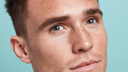 Naklejka premium Freckled male face close up with clear skin texture and blue eyes against soft blue background, showing natural beauty and calm expression in minimalist style