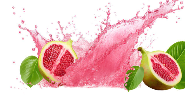 Guava juice splash with pink liquid and guava slices on transparent background