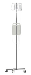 Medical infusion pump and IV bags on a rolling stand in a clean hospital setting
