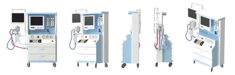 Modern anesthesia machine with monitors and drawers on wheels for medical use