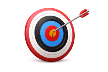 Archery target with arrow in bullseye representing business goal achievement, success, and strategic precision on a transparent background