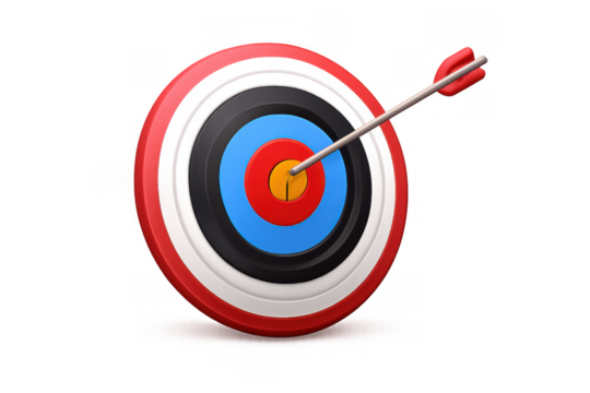 Archery target with arrow in bullseye representing business goal achievement, success, and strategic precision on a transparent background - Powered by Adobe