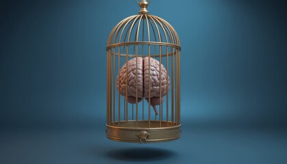 psychology power control concept. Caged brain symbolizes confinement of thoughts and ideas.