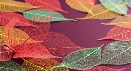 Colorful skeletonized leaves arranged on maroon background creating a frame Free space for text or logo design Autumn, nature, decoration concept