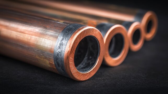 Close-up of copper pipes, showing their cylindrical form and the contrasting dark fittings. The arrangement highlights different diameters