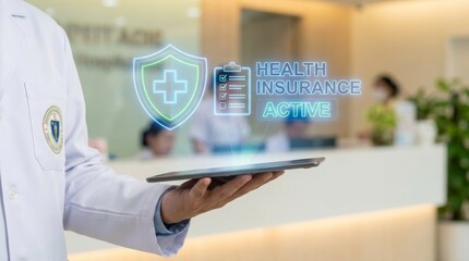 Medical doctor hand with digital tablet electronic health insurance active hologram and healthcare coverage policy protection security claim plan management system