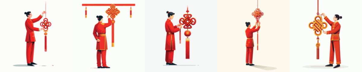 vector of a man standing while hanging Chinese New Year knot decorations